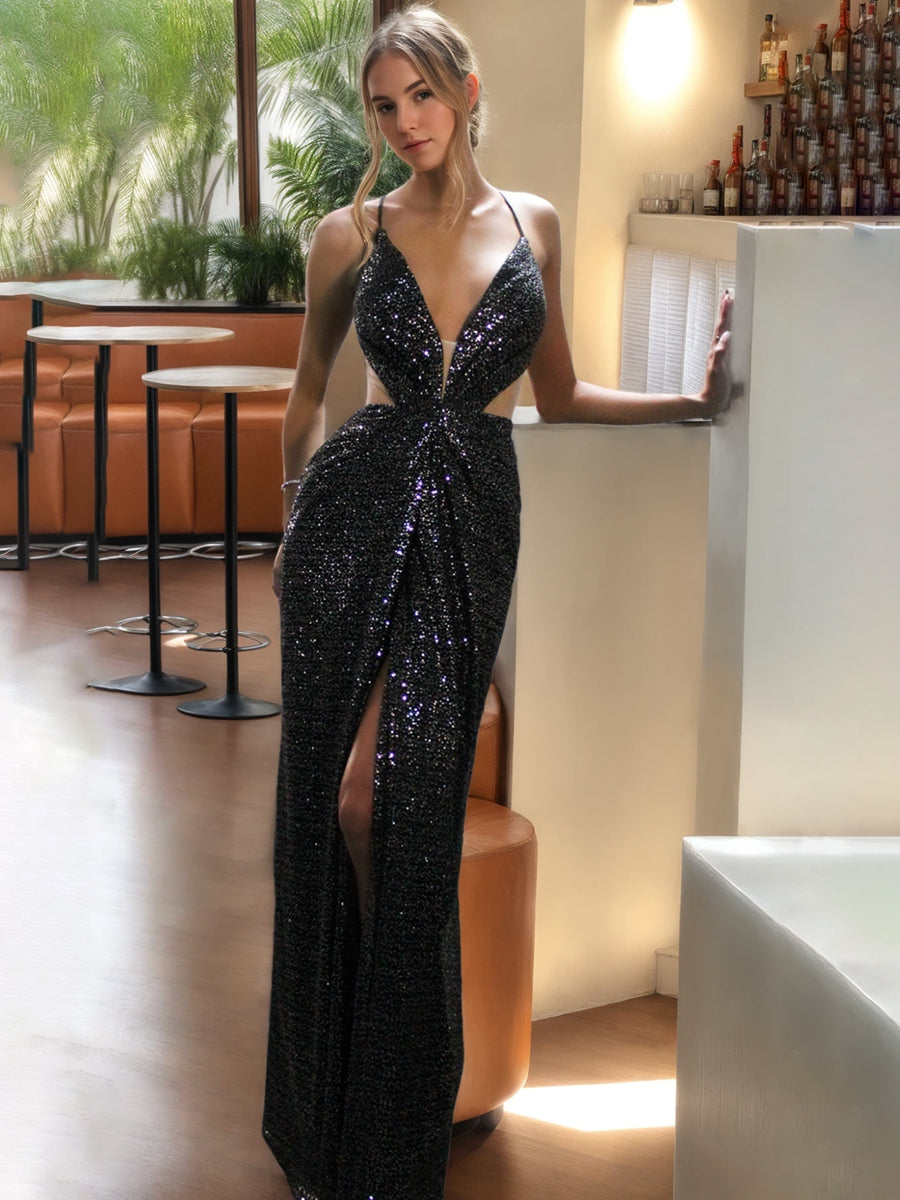V-Neck Sheath/Column Prom Dress with High Slit and Sparkly Sequins