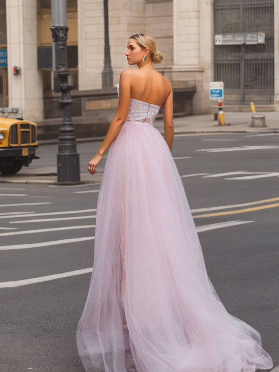 Strapless Asymmetrical Long Prom Dress with High Slit and Sequins