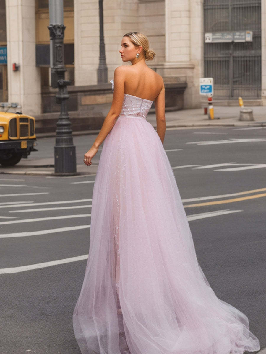 Strapless Asymmetrical Long Prom Dress with High Slit and Sequins