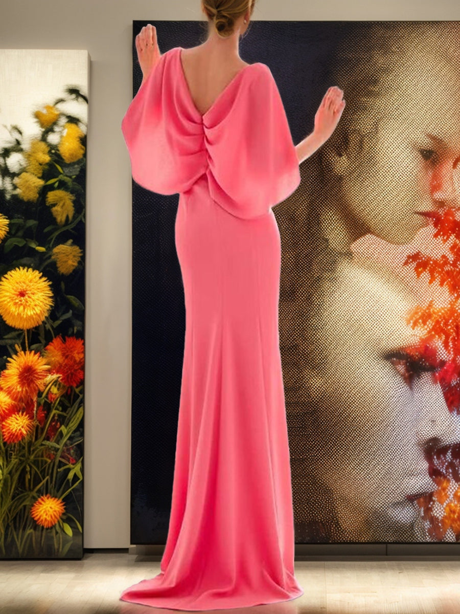 V-Neck Short-Sleeve Long Prom Dress with Ruffled Sheath/Column Design