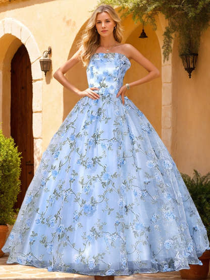 Strapless Sleeveless Organza Prom Ball Gown with Appliques