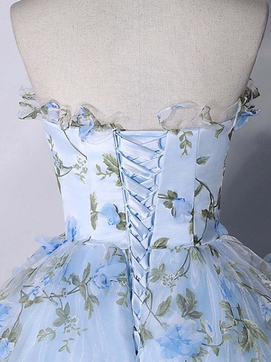 Strapless Sleeveless Organza Prom Ball Gown with Appliques