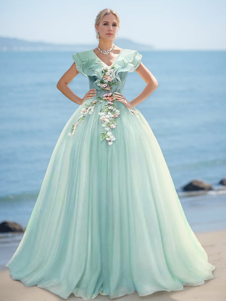 V-Neck Short-Sleeve Organza Ball Gown with Lace Appliques