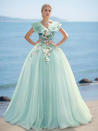 V-Neck Short-Sleeve Organza Ball Gown with Lace Appliques
