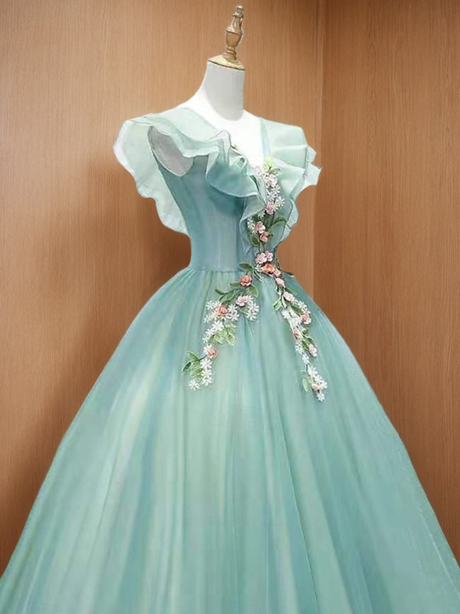 V-Neck Short-Sleeve Organza Ball Gown with Lace Appliques