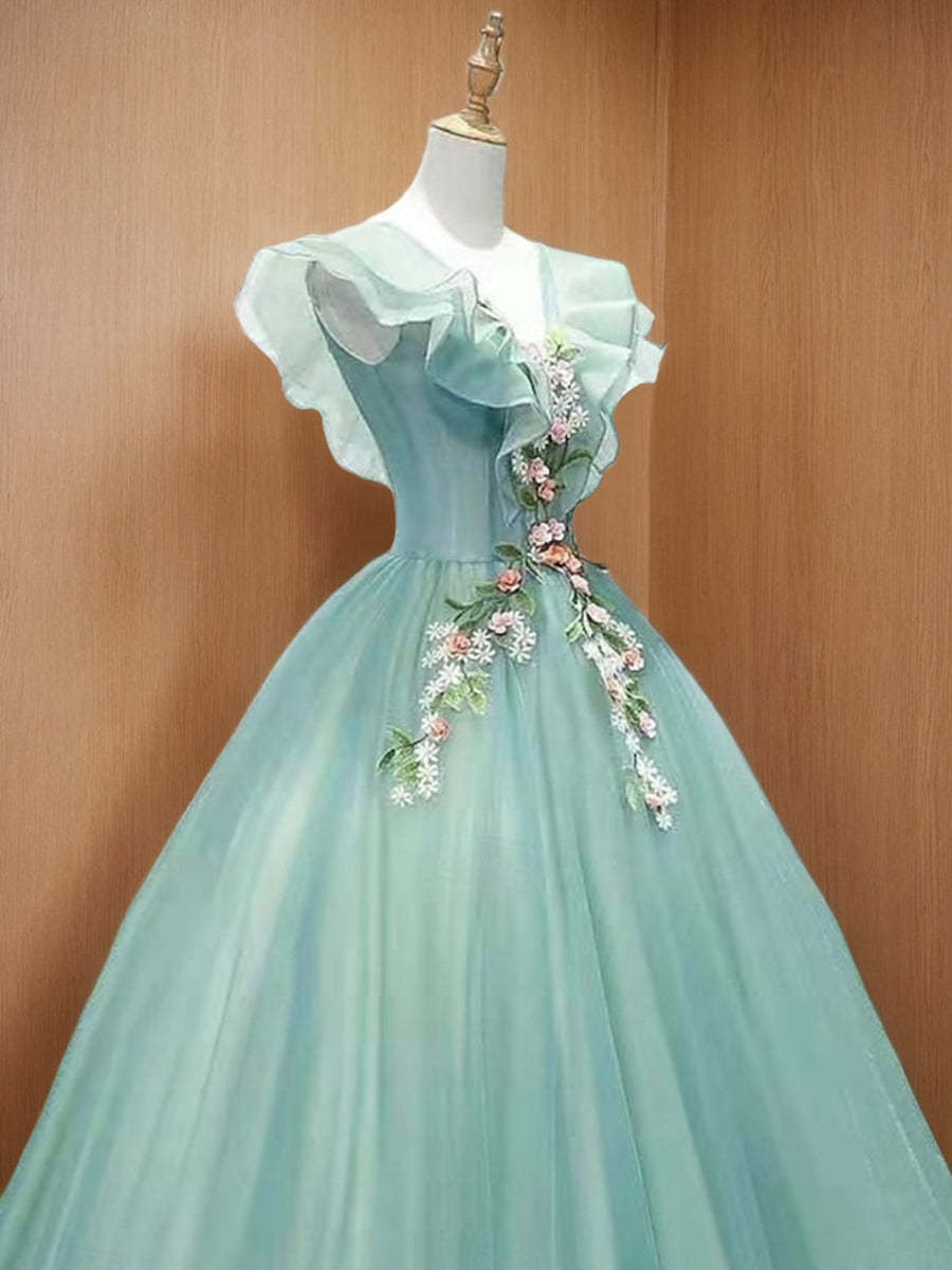 V-Neck Short-Sleeve Organza Ball Gown with Lace Appliques