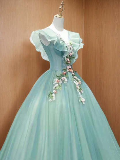 V-Neck Short-Sleeve Organza Ball Gown with Lace Appliques