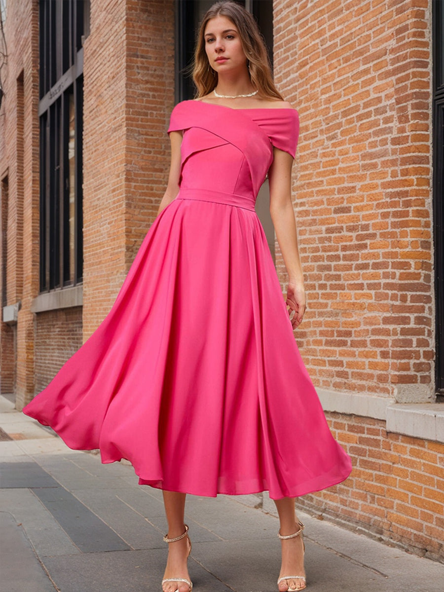Short Sleeve Off-the-Shoulder Ruched A-Line Prom Dress with Ruffles