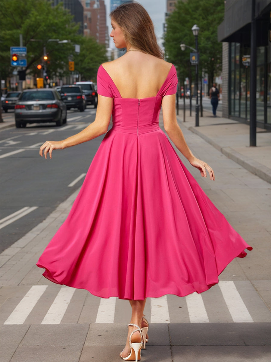 Short Sleeve Off-the-Shoulder Ruched A-Line Prom Dress with Ruffles