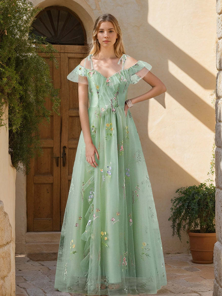 Princess A-Line Spaghetti Strap Short-Sleeve Organza Prom Dress with Lace Appliques