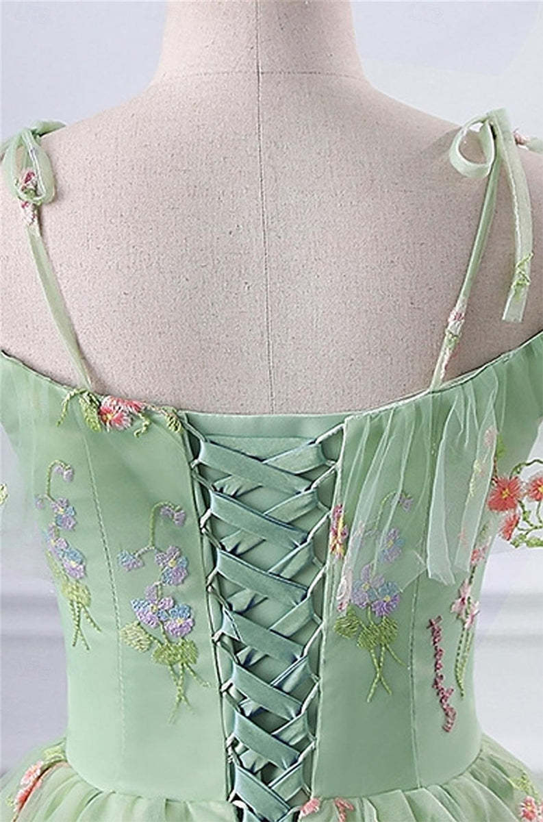 Princess A-Line Spaghetti Strap Short-Sleeve Organza Prom Dress with Lace Appliques