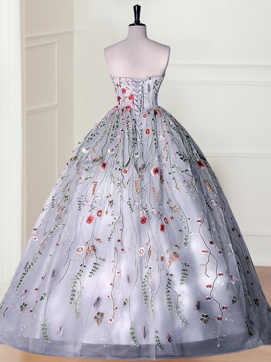 Elegant Strapless Sleeveless Ball Gown in Organza with Lace Appliques