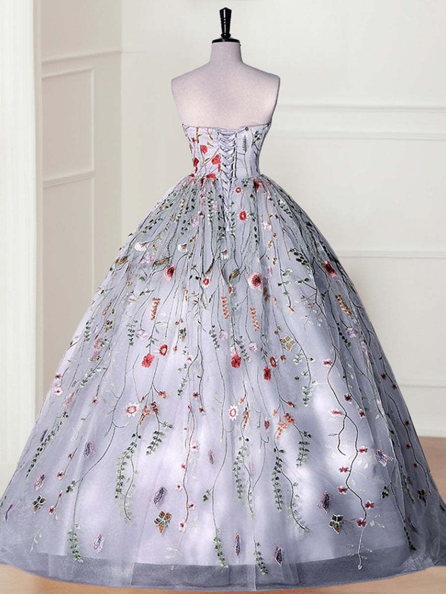 Elegant Strapless Sleeveless Ball Gown in Organza with Lace Appliques