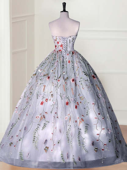 Elegant Strapless Sleeveless Ball Gown in Organza with Lace Appliques