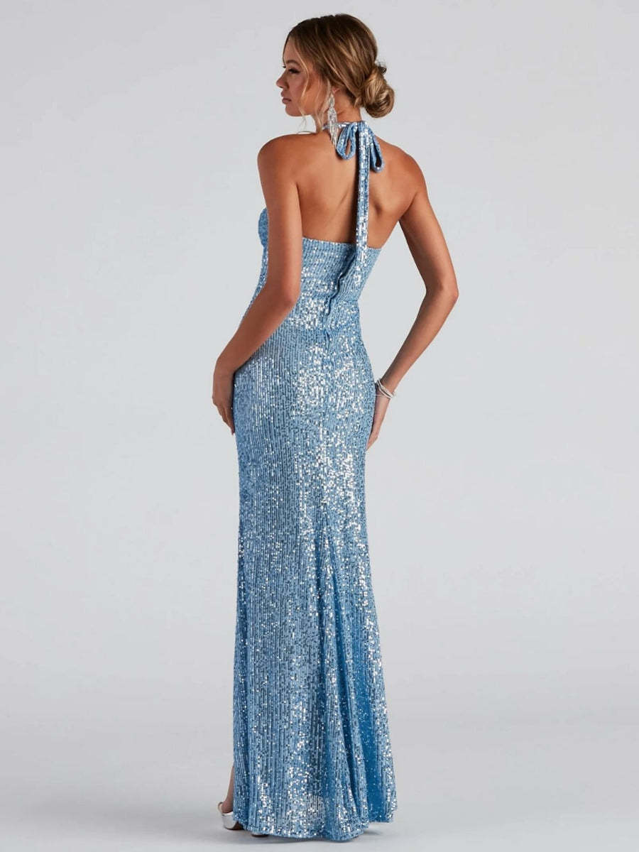 Sequined Halter Prom Dress with High Slit and Sleeveless Sheath Design