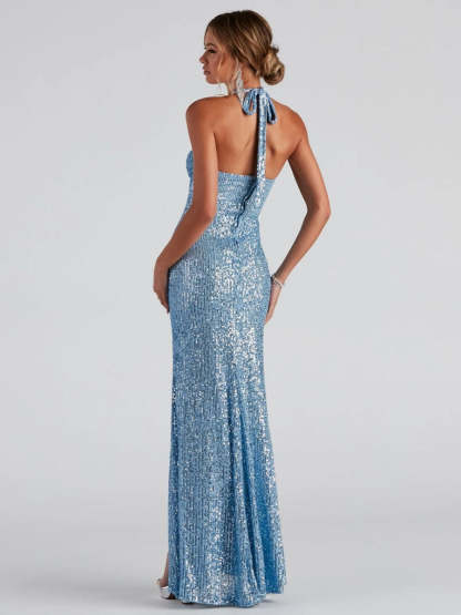 Sequined Halter Prom Dress with High Slit and Sleeveless Sheath Design