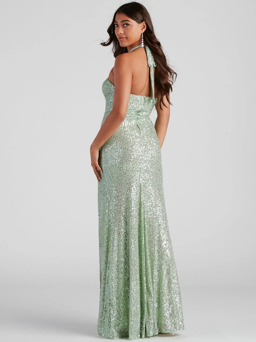 Sequined Halter Prom Dress with High Slit and Sleeveless Sheath Design