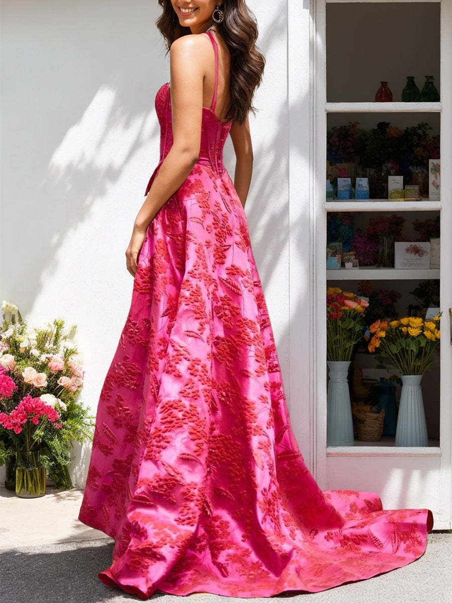 Elegant A-Line Floral Prom Dress with Spaghetti Straps Pleats and a High Split