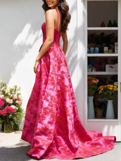 Elegant A-Line Floral Prom Dress with Spaghetti Straps Pleats and a High Split