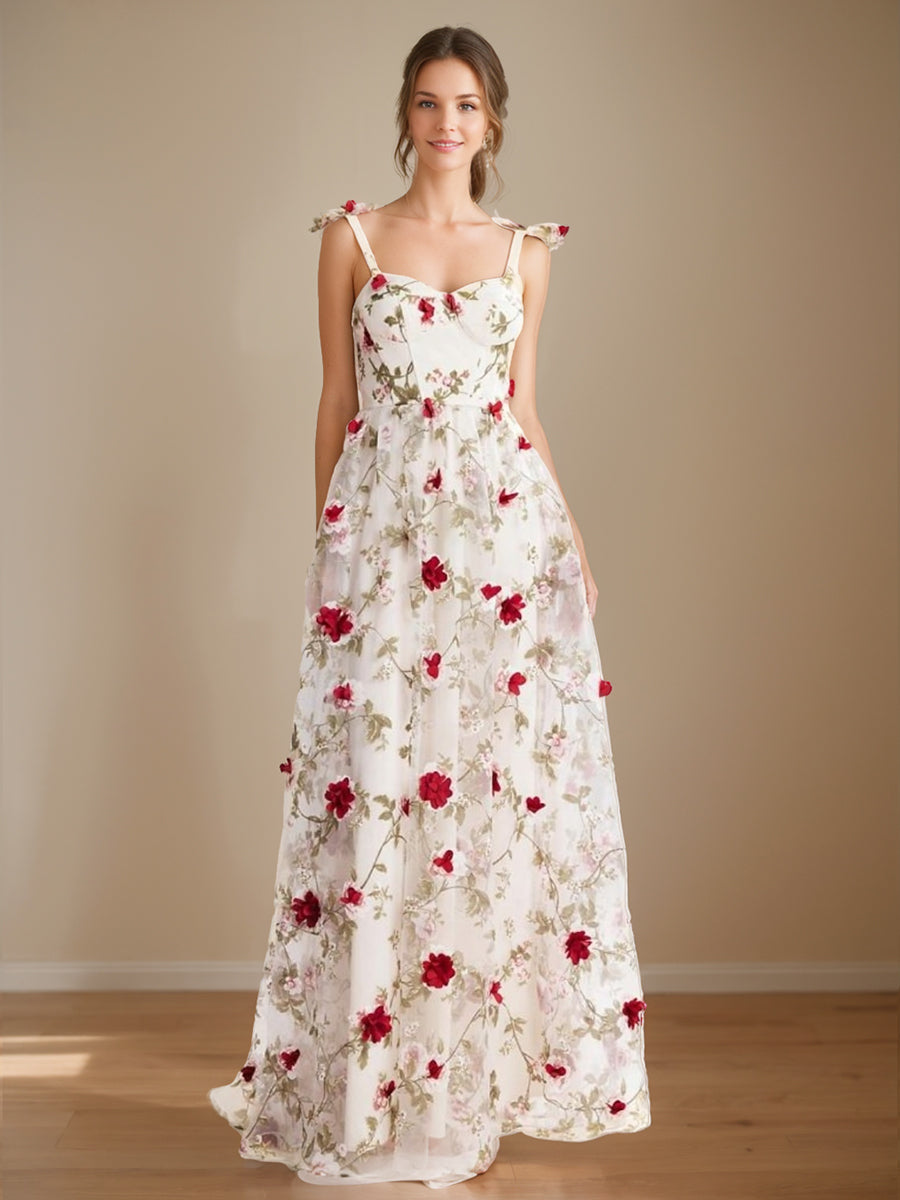 Sweet Spaghetti Strap Floral A-Line Princess Prom Dress with Embroidery Floor-Length