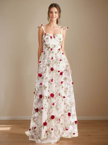 Sweet Spaghetti Strap Floral A-Line Princess Prom Dress with Embroidery Floor-Length
