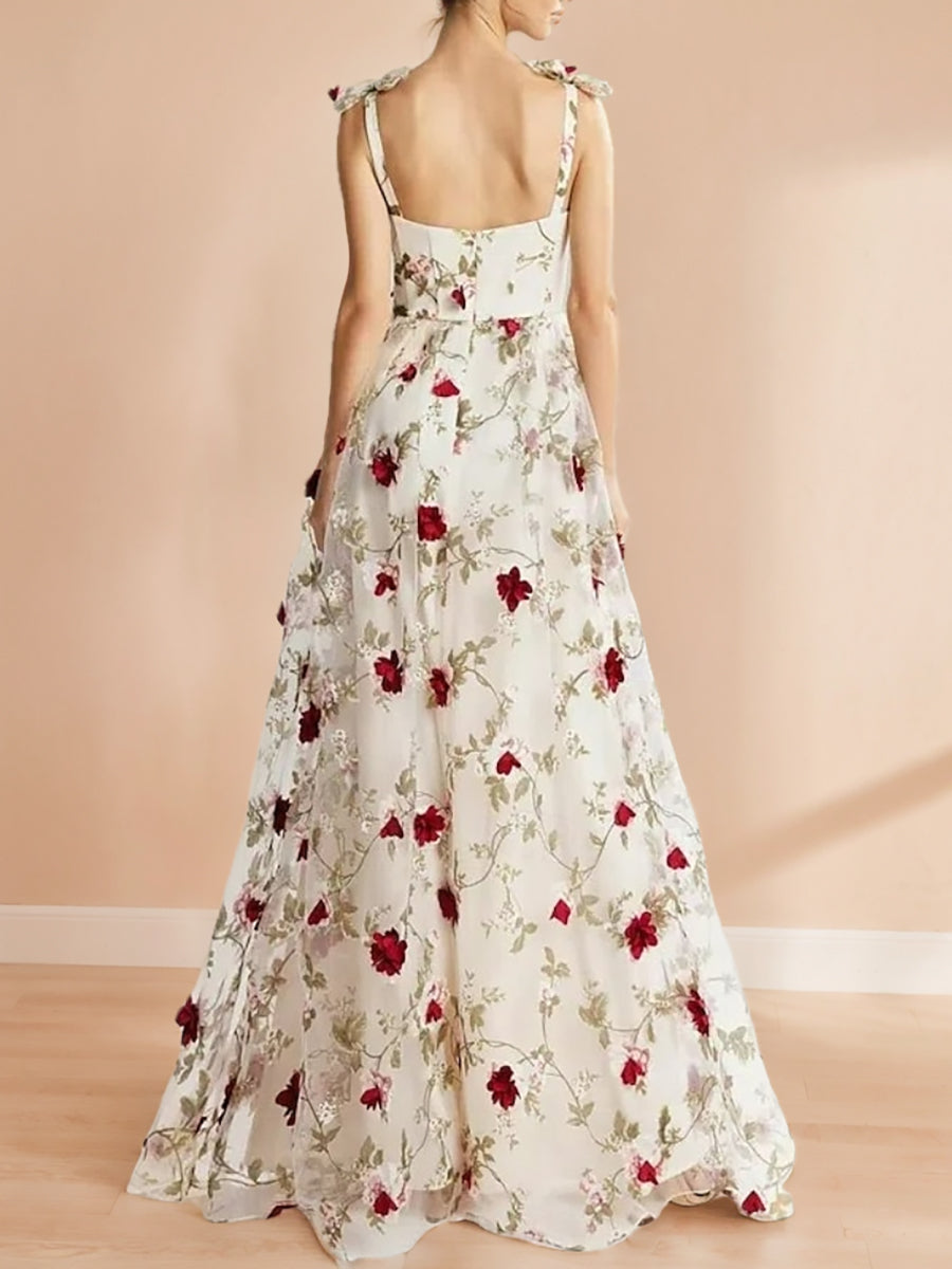 Sweet Spaghetti Strap Floral A-Line Princess Prom Dress with Embroidery Floor-Length