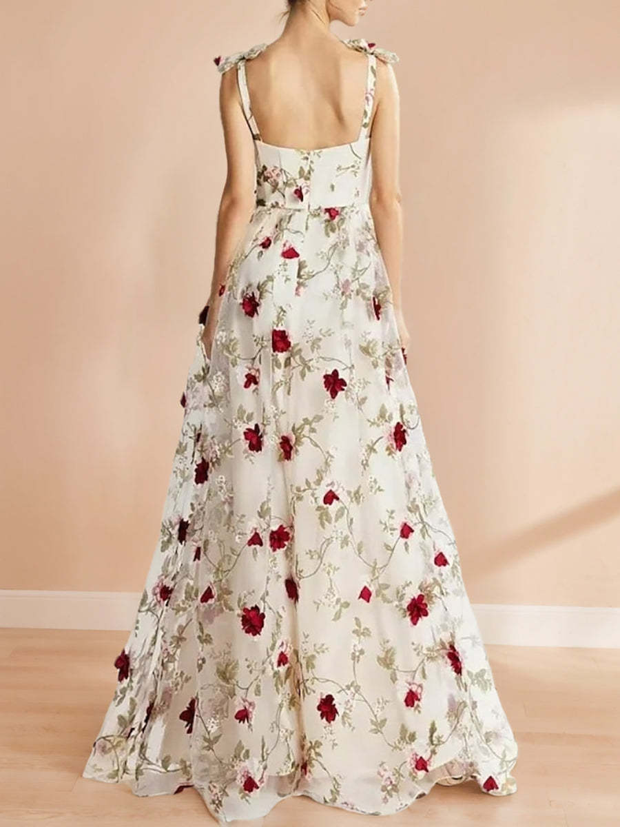 Sweet Spaghetti Strap Floral A-Line Princess Prom Dress with Embroidery Floor-Length