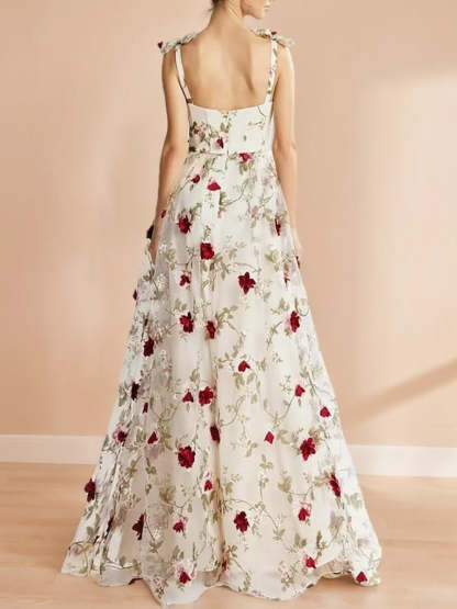 Sweet Spaghetti Strap Floral A-Line Princess Prom Dress with Embroidery Floor-Length