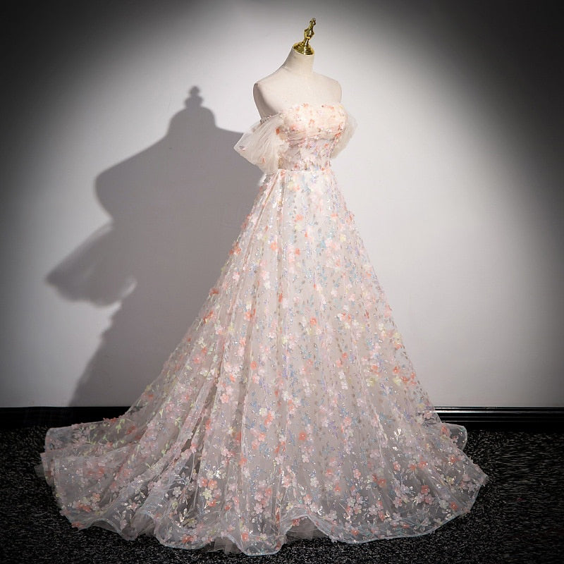 Retro A-Line Strapless Delicate Floral Prom Dresses with Short Sleeves and Ruffles