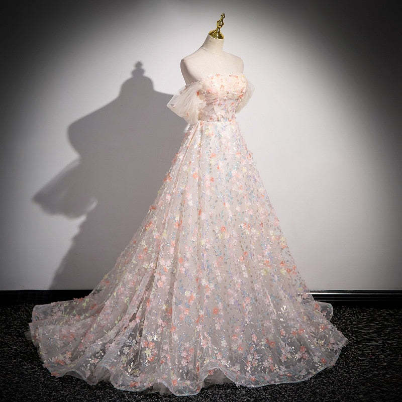 Retro A-Line Strapless Delicate Floral Prom Dresses with Short Sleeves and Ruffles