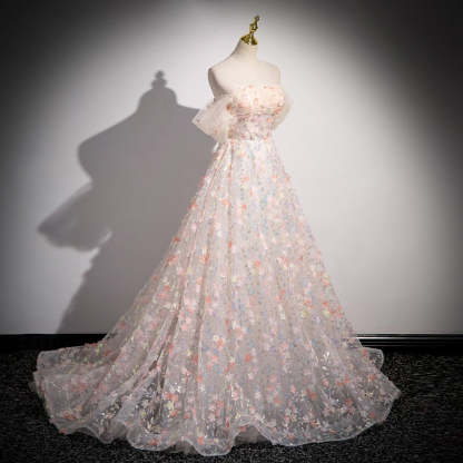 Retro A-Line Strapless Delicate Floral Prom Dresses with Short Sleeves and Ruffles