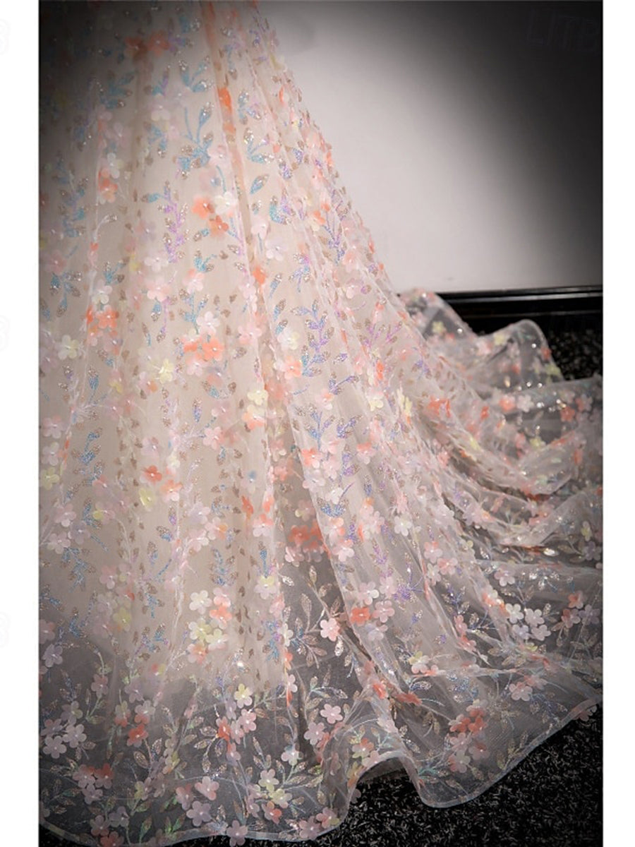 Retro A-Line Strapless Delicate Floral Prom Dresses with Short Sleeves and Ruffles