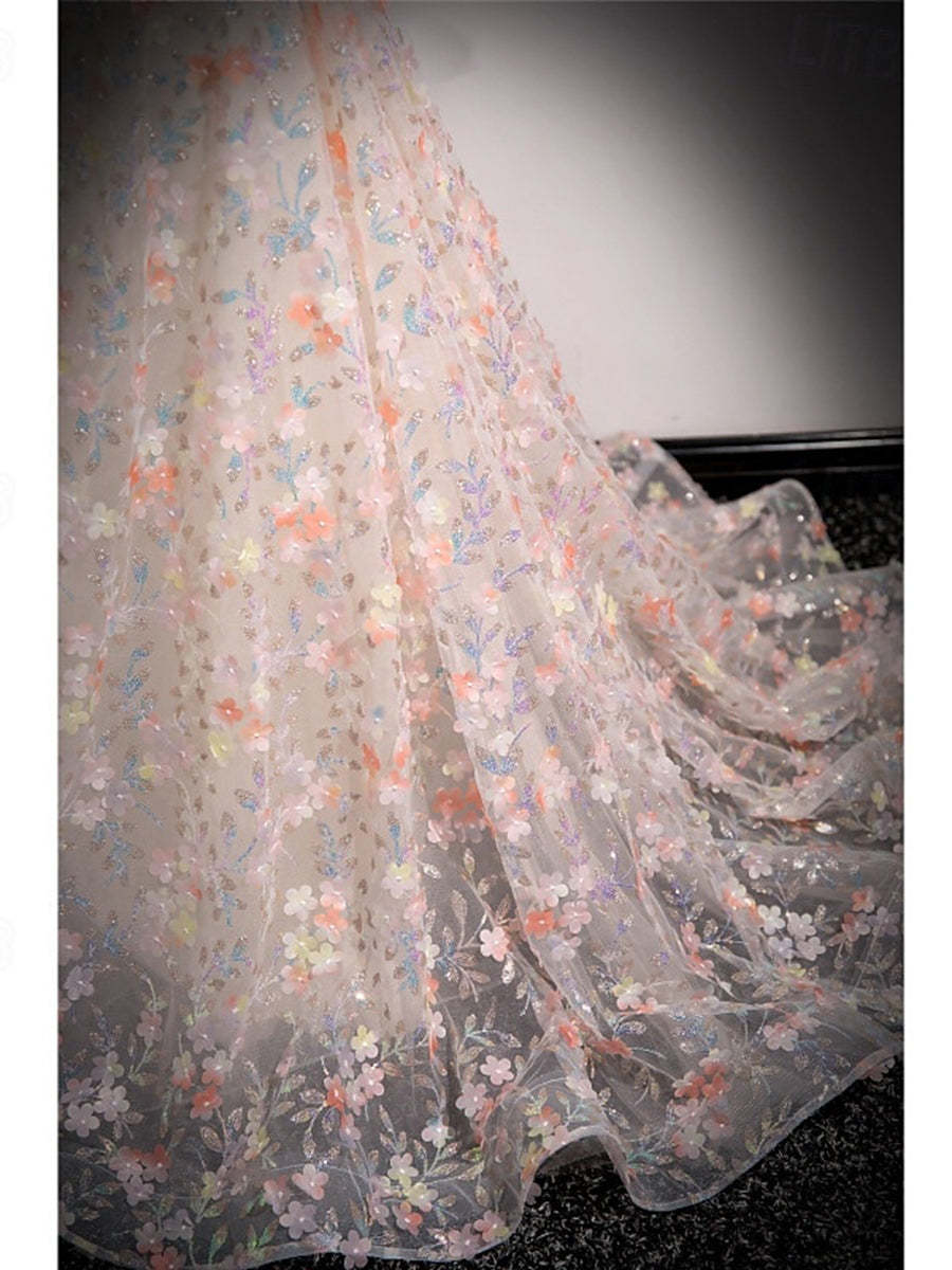 Retro A-Line Strapless Delicate Floral Prom Dresses with Short Sleeves and Ruffles