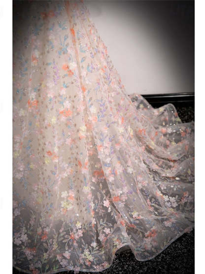 Retro A-Line Strapless Delicate Floral Prom Dresses with Short Sleeves and Ruffles