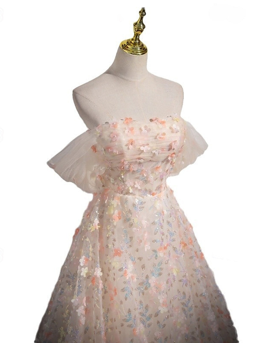 Retro A-Line Strapless Delicate Floral Prom Dresses with Short Sleeves and Ruffles