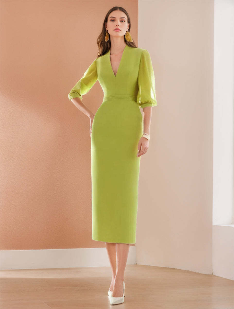 Elegant V-Neck Tea-Length Chiffon Cocktail Dress with Minimalist Sheath Silhouette Ruches and Pocket