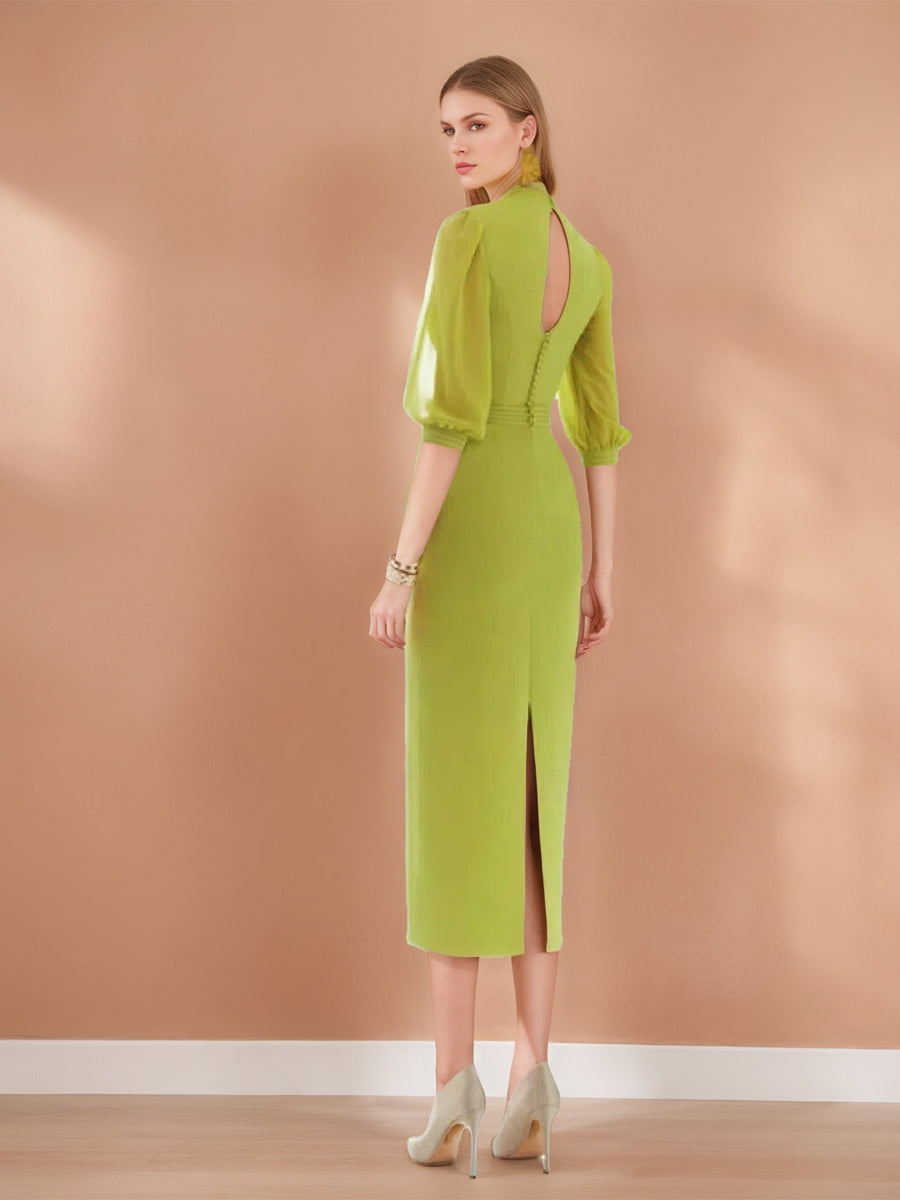 Elegant V-Neck Tea-Length Chiffon Cocktail Dress with Minimalist Sheath Silhouette Ruches and Pocket