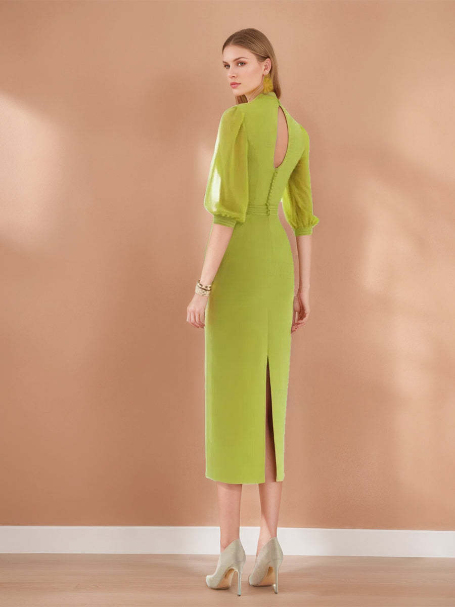 Elegant V-Neck Tea-Length Chiffon Cocktail Dress with Minimalist Sheath Silhouette Ruches and Pocket