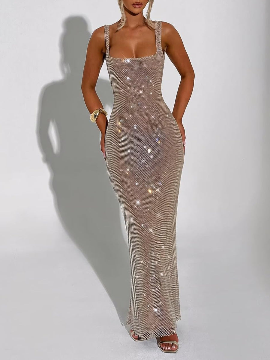 Square Neck Sequined Cocktail Dresses with Sparkling Sheath/Column and Opened Back