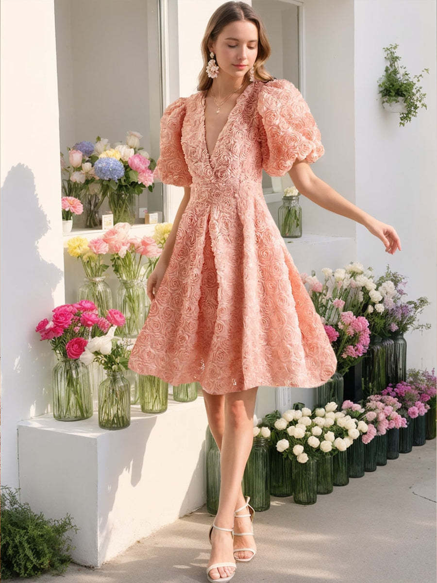 Deep V-Neck Floral A-Line Mini Prom Dress with Open Back