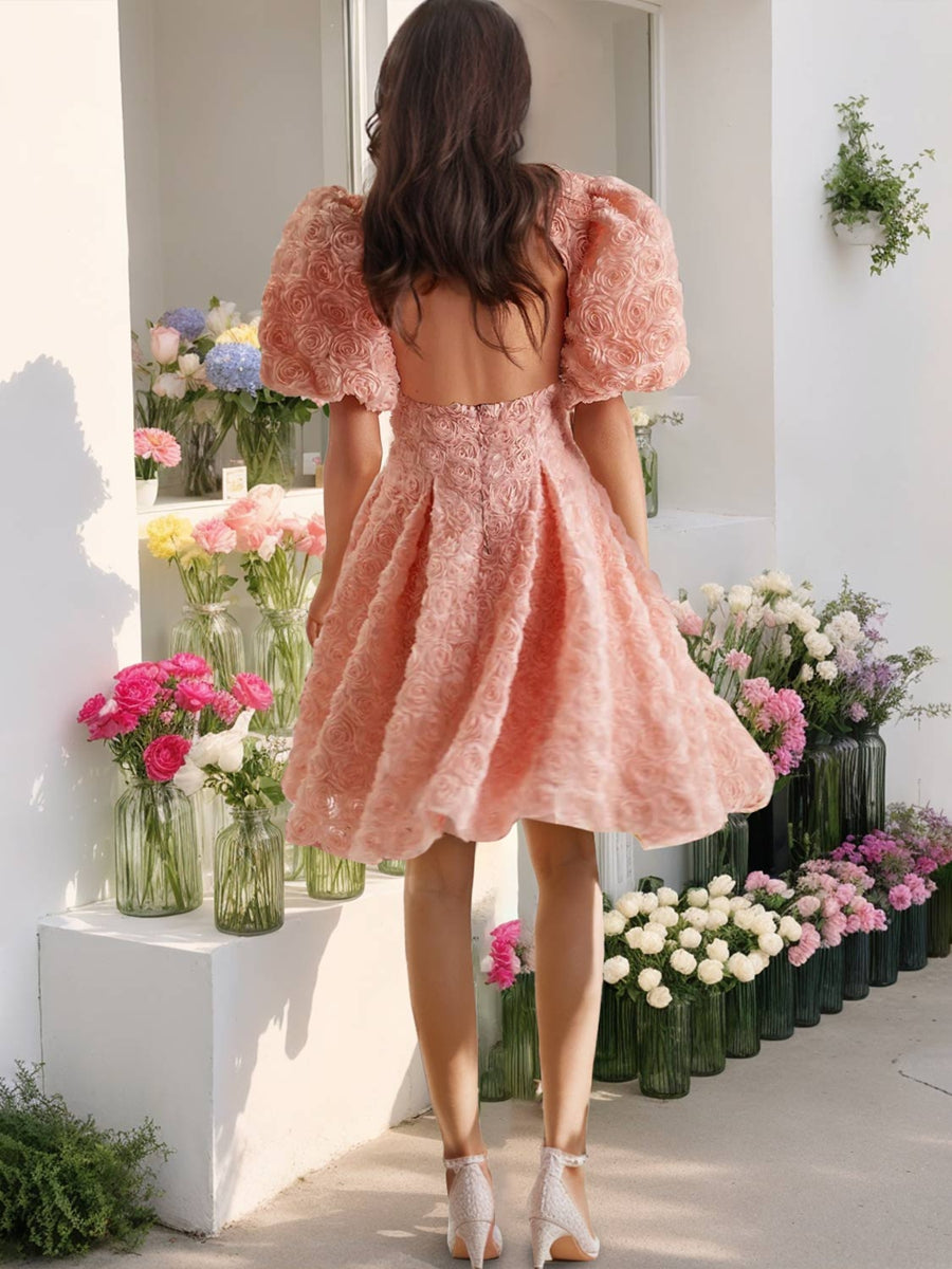 Deep V-Neck Floral A-Line Mini Prom Dress with Open Back