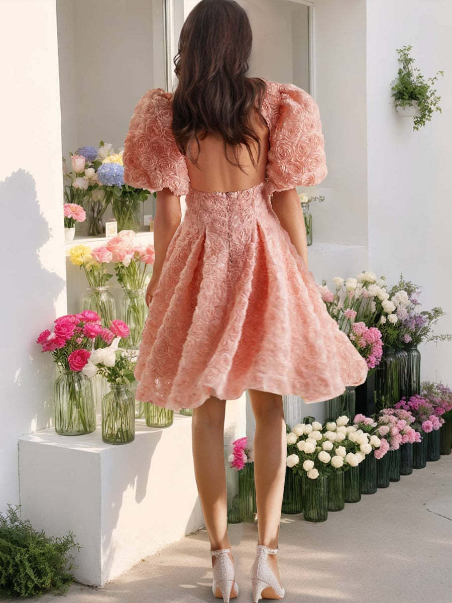 Deep V-Neck Floral A-Line Mini Prom Dress with Open Back