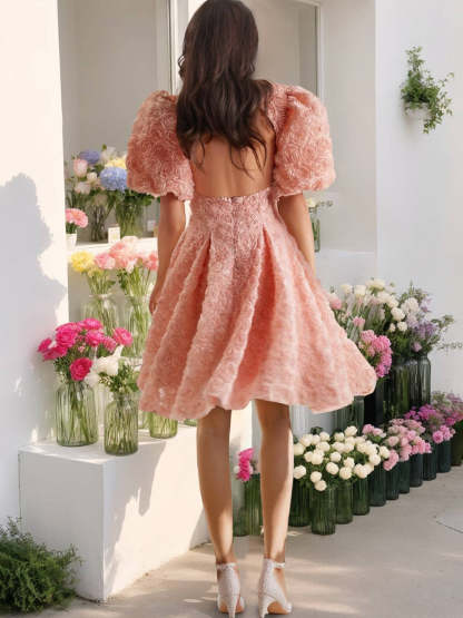 Deep V-Neck Floral A-Line Mini Prom Dress with Open Back