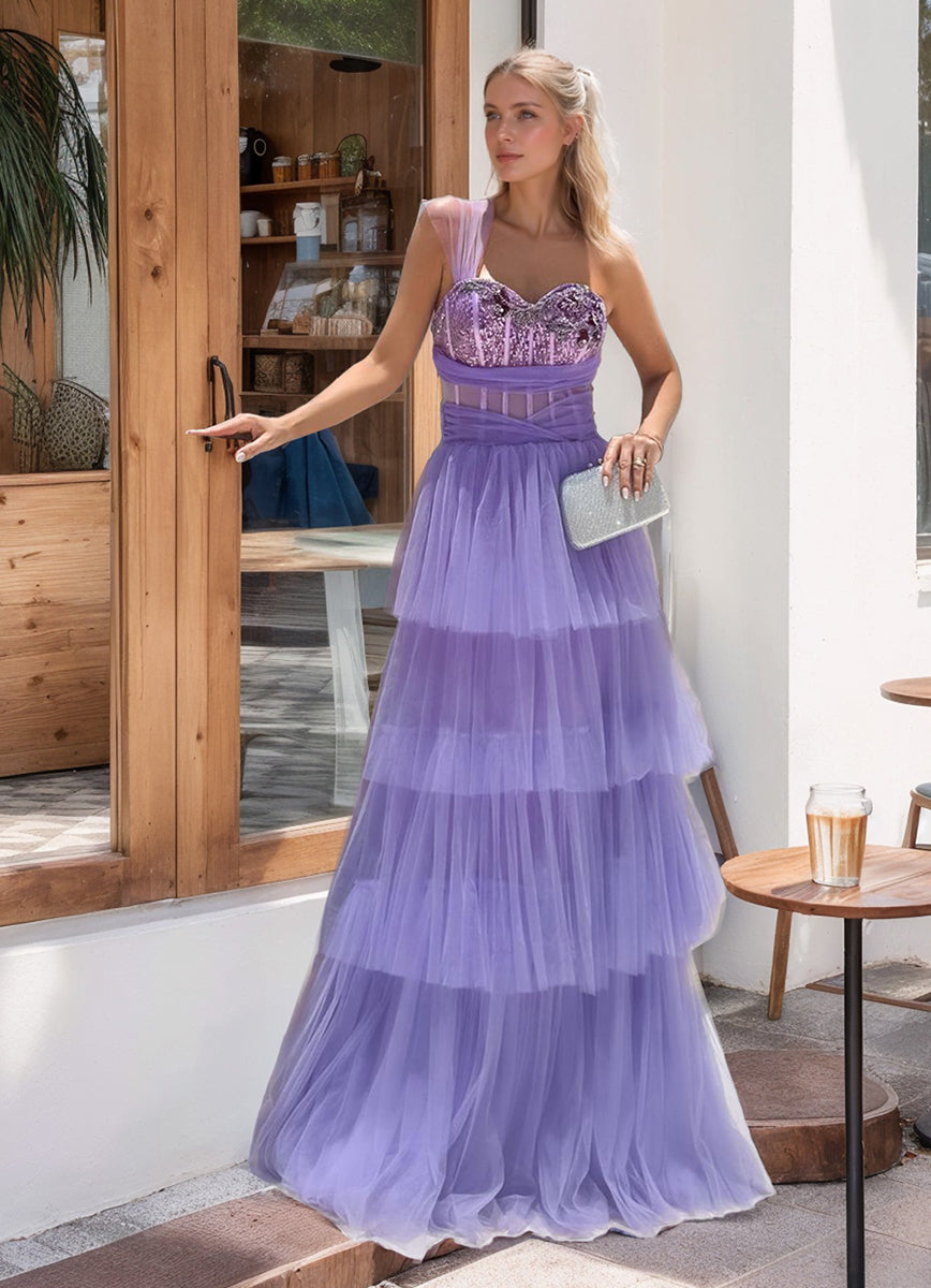 One-Shoulder Pleated A-Line Prom Dress with Sequins and Appliques