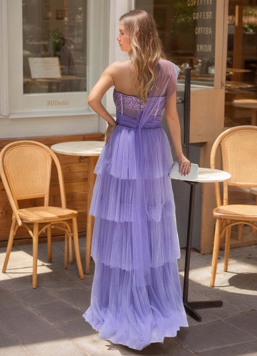 One-Shoulder Pleated A-Line Prom Dress with Sequins and Appliques