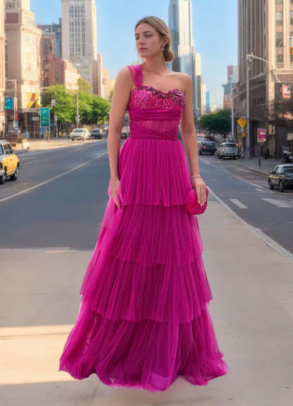 One-Shoulder Pleated A-Line Prom Dress with Sequins and Appliques