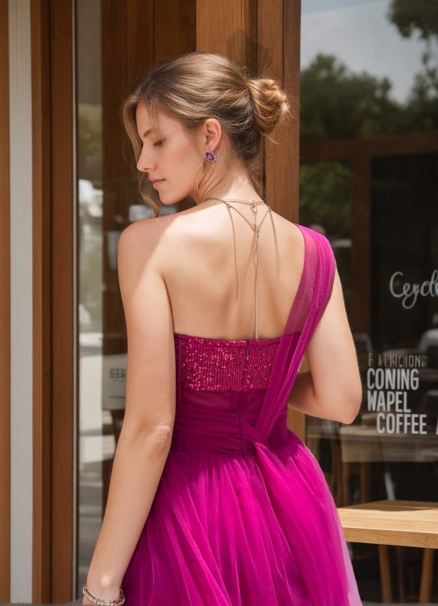 One-Shoulder Pleated A-Line Prom Dress with Sequins and Appliques