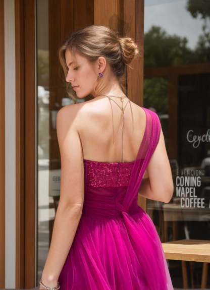 One-Shoulder Pleated A-Line Prom Dress with Sequins and Appliques