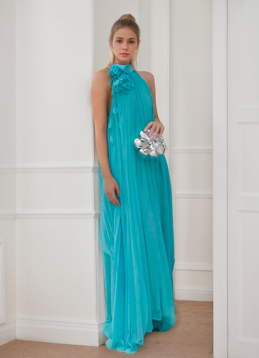 Princess A-Line Halter Neck Chiffon Prom Dress with Ruffles & Flowers