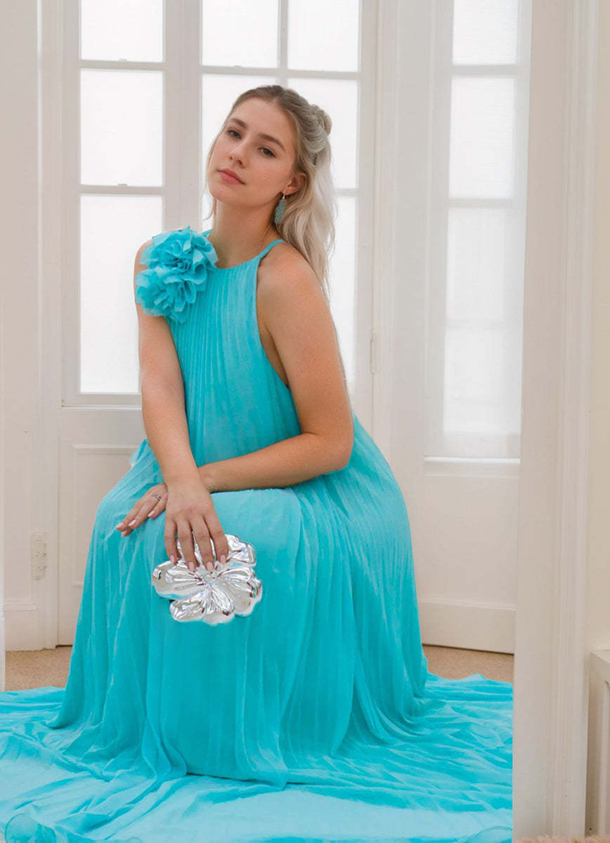 Princess A-Line Halter Neck Chiffon Prom Dress with Ruffles & Flowers